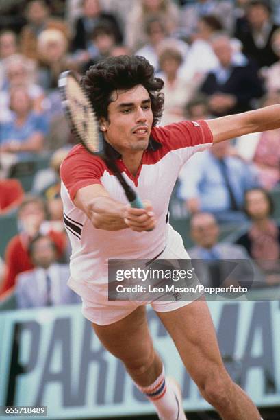 Paraguayan tennis player Victor Pecci pictured in action competing to reach the fourth round of the Men's Singles tournament at the 1978 French Open...