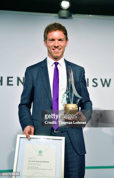 Julian Nagelsmann, the head coach of TSG 1899 Hoffenheim, gets the award 'Coach Of The Year 2016' on March 20, 2017 in Neu Isenburg, Germany.