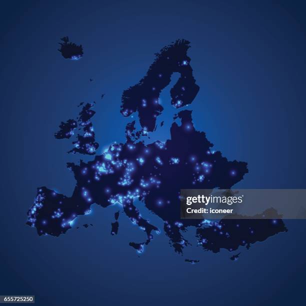 ilustraciones, imágenes clip art, dibujos animados e iconos de stock de europa mapa de contaminación lumínica azul sobre fondo azul degradado - photopollution