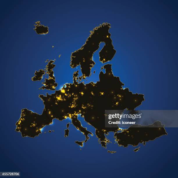 gelbe lichtverschmutzung europakarte auf blauen gradienten hintergrund - photopollution stock-grafiken, -clipart, -cartoons und -symbole