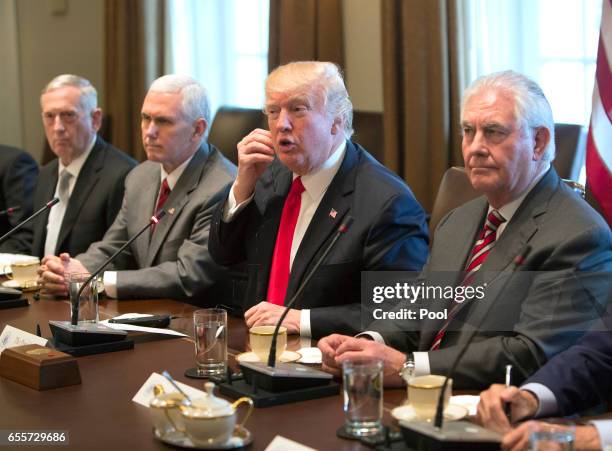 President Donald J. Trump speaks during a meeting with members of his Cabinet and Iraqi Prime Minister Haider al-Abadi at the White House on March...