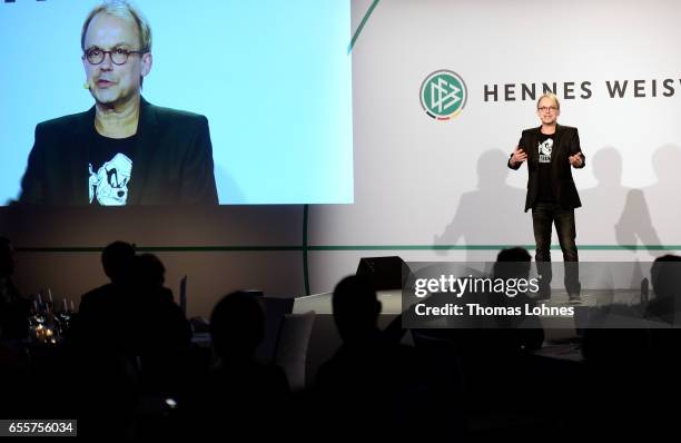 Comedian Henni Nachtsheim performs at the 'Coaching Award Ceremony & Closing Event UEFA Pro Coaching Course 2016/2017' on March 20, 2017 in Neu...