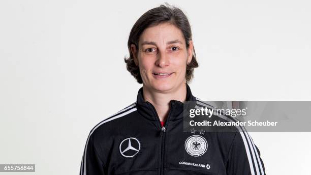 Head coach Anouschka Bernhard poses during germany U17 girl's team presentation on March 20, 2017 in Grunberg, Germany.