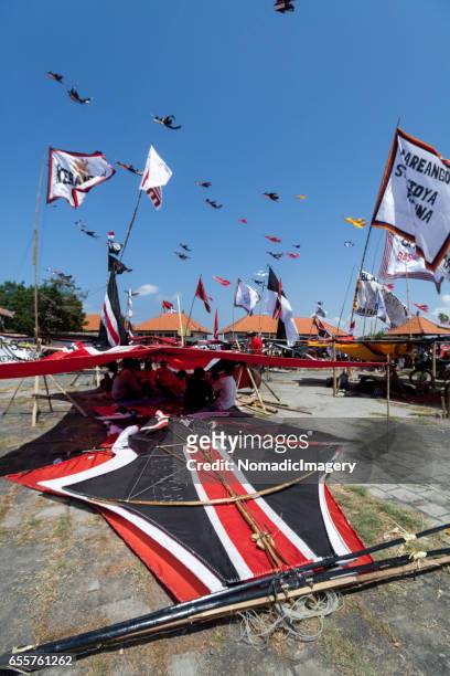 giant kite used as a sunshade at a kite flying competition - indonesian kite stock pictures, royalty-free photos & images