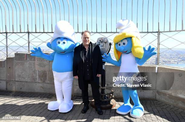 Director Kelly Asbury visits The Empire State Building to celebrate the "Small Smurfs Big Goals" campaign and the International Day Of Happiness at...