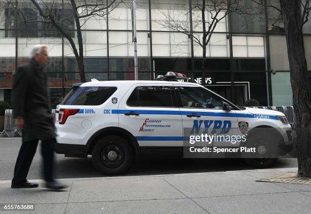 Police car sits near Trump Tower in Manhattan on March 20, 2017 in New York City. Senate Minority Leader Chuck Schumer has been voicing criticism of...