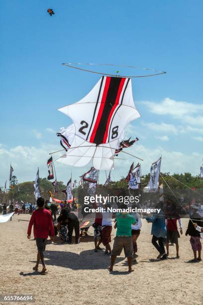fish kite or bebean with kite flyers at kite competition - indonesian kite stock pictures, royalty-free photos & images