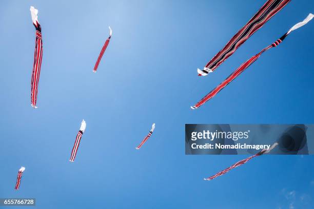 mass of long-tail snakes kites flying in the sky - indonesian kite stock pictures, royalty-free photos & images
