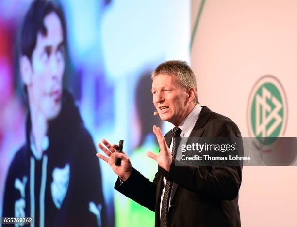 Frank Wortmuth speaks at the Coaching Award Ceremony & Closing Event UEFA Pro Coaching Course 2016/2017on March 20, 2017 in Neu Isenburg, Germany.