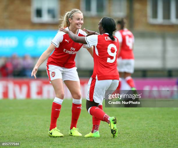 Danielle Carter of Arsenal Ladies celebrates her goal with Leah Williamson of Arsenal Ladies during The SSE FA Women's Cup - Fifth Round match...