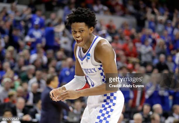 De'Aaron Fox of the Kentucky Wildcats celebrates against the Wichita State Shockers during the second round of the NCAA Basketball Tournament at...