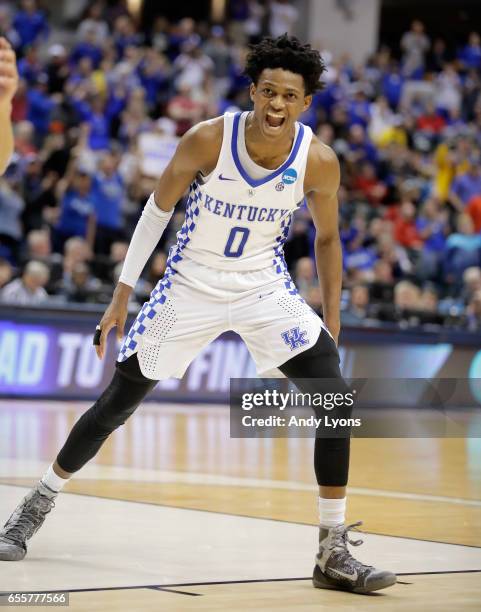 De'Aaron Fox of the Kentucky Wildcats celebrates against the Wichita State Shockers during the second round of the NCAA Basketball Tournament at...