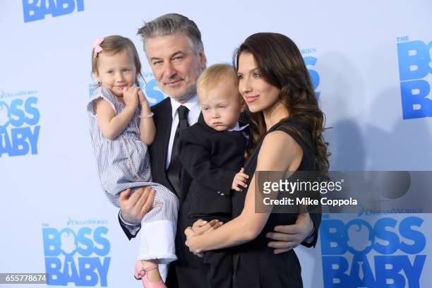 Carmen Gabriela Baldwin, Alec Baldwin, Leonardo Angel Charles Baldwin and Hilaria Baldwin attend "The Boss Baby" New York Premiere at AMC Loews...