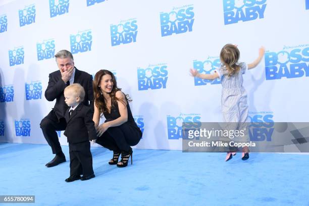 Alec Baldwin, Rafael Thomas Baldwin, Hilaria Baldwin and Carmen Gabriela Baldwin attend "The Boss Baby" New York Premiere at AMC Loews Lincoln Square...