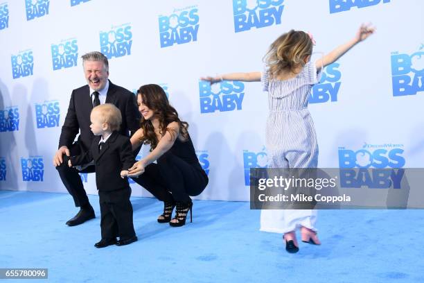 Alec Baldwin, Rafael Thomas Baldwin, Hilaria Baldwin and Carmen Gabriela Baldwin attend "The Boss Baby" New York Premiere at AMC Loews Lincoln Square...