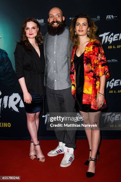 Director Jakob Lass, Ella Rumpf and Maria Dragus attend the premiere of the film 'Tiger Girl' at Zoo Palast on March 20, 2017 in Berlin, Germany.