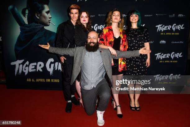 Director Jakob Lass, Ella Rumpf, Maria Dragus, producer Ines Schiller and producer Golo Schultz attend the premiere of the film 'Tiger Girl' at Zoo...