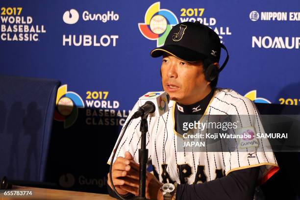 Manager Hiroki Kokubo of Japan spekes on of Japan speaks during a training session ahead of the World Baseball Classic Championship Round at Dodger...