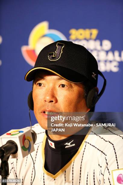 Manager Hiroki Kokubo of Japan spekes on of Japan speaks during a training session ahead of the World Baseball Classic Championship Round at Dodger...