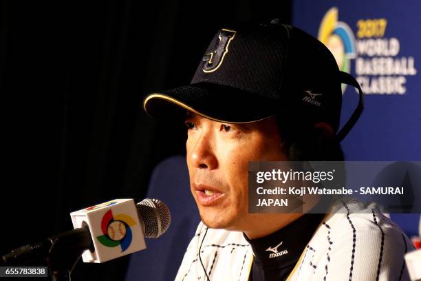 Manager Hiroki Kokubo of Japan spekes on of Japan speaks during a training session ahead of the World Baseball Classic Championship Round at Dodger...