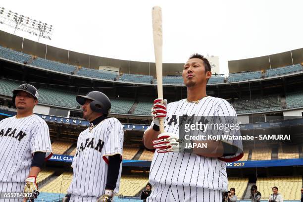 Sho Nakata of Japan in action during a training session ahead of the World Baseball Classic Championship Round at Dodger Stadium on March 20, 2017 in...