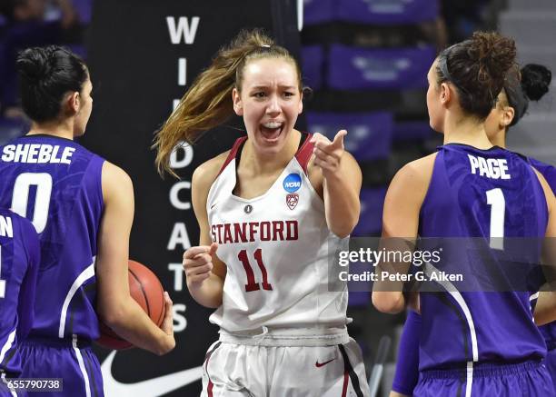 Alanna Smith of the Stanford Cardinal reacts after scoring a basket against the Kansas State Wildcats during the second round of the 2017 NCAA...