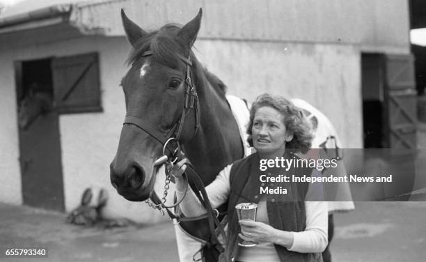 Dawn Run Cheltenham Gold Cup winner and National Hurdling Champion with the Wife of Paddy Mullins, Maureen Mullins at the Paddy Mullins Stable, circa...