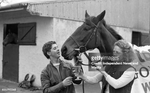 Dawn Run Cheltenham Gold Cup winner and National Hurdling Champion with Groom John Clarke and the Wife of Paddy Mullins, Maureen Mullins at the Paddy...