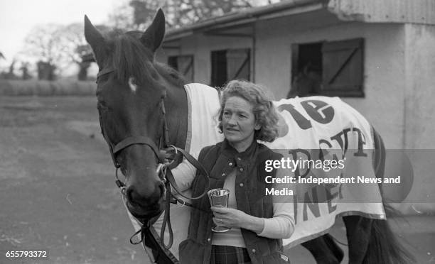 Dawn Run Cheltenham Gold Cup winner and National Hurdling Champion with the Wife of Paddy Mullins, Maureen Mullins at the Paddy Mullins Stable, circa...