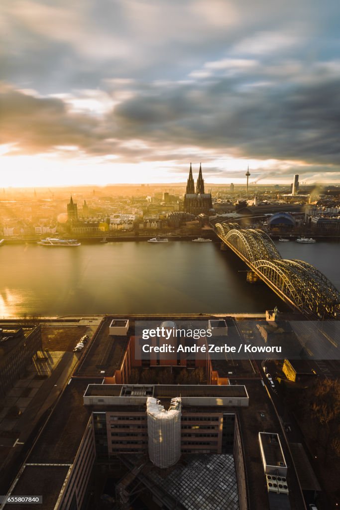 Cologne Cathedral at sunset shot from the famous triangle tower in Cologne