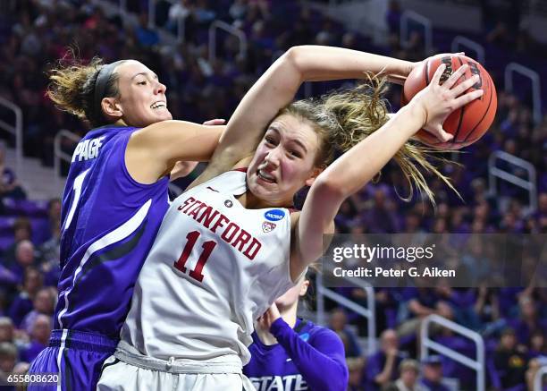 Alanna Smith of the Stanford Cardinal grabs a rebound against Lanie Page of the Kansas State Wildcats during the second round of the 2017 NCAA...