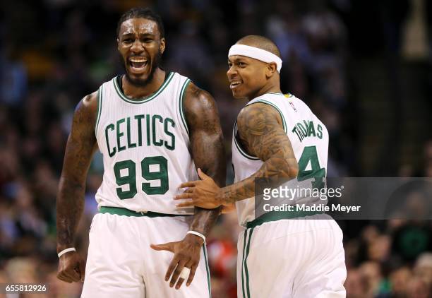 Jae Crowder of the Boston Celtics and Isaiah Thomas of the Boston Celtics celebrate at the end of the third quarter against the Washington Wizards at...