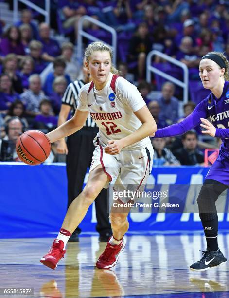 Brittany McPhee of the Stanford Cardinal drives with the ball against the Kansas State Wildcats during the second round of the 2017 NCAA Women's...