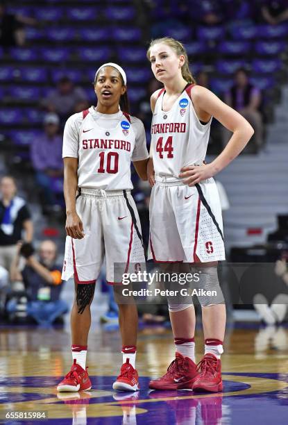 Players Briana Roberson and Karlie Samuelson of the Stanford Cardinal talk during a brake against the Kansas State Wildcats during the second round...