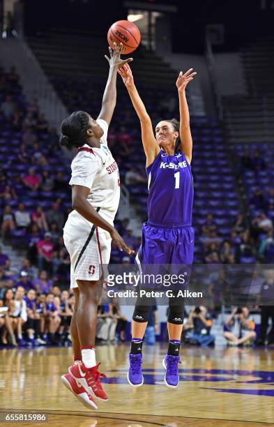 Kaylee Page of the Kansas State Wildcats shoots the ball against Nadia Fingall of the Stanford Cardinal during the second round of the 2017 NCAA...