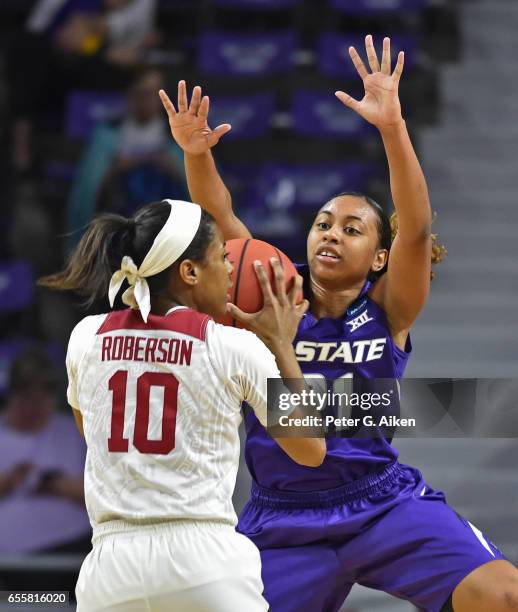 Karyla Middlebrook of the Kansas State Wildcats defends Briana Roberson of the Stanford Cardinal during the second round of the 2017 NCAA Women's...