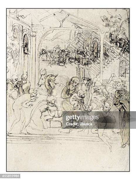 ilustraciones, imágenes clip art, dibujos animados e iconos de stock de bocetos y dibujos de leonardo: adoración de lo dibujo de reyes magos - leonardo da vinci