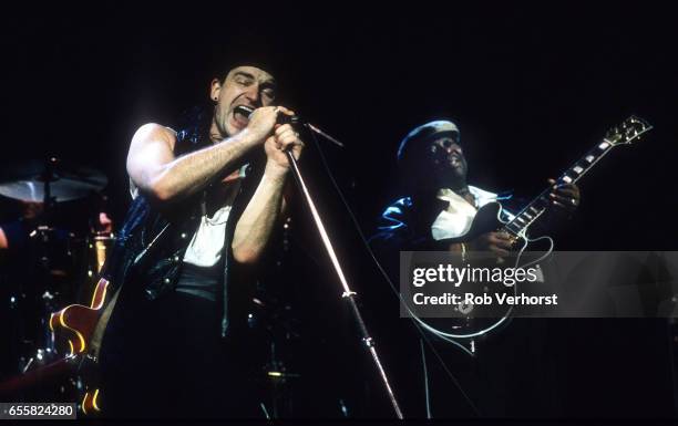 Bono of U2 performs on stage with BB King on LoveTown Tour, Ahoy, Rotterdam, Netherlands, 7th January 1990.