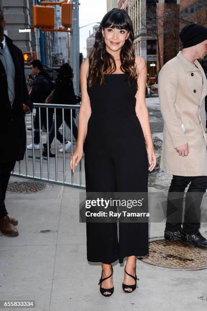 Actress Hannah Simone leaves the "AOL Build" taping at the AOL Studios on March 20, 2017 in New York City.