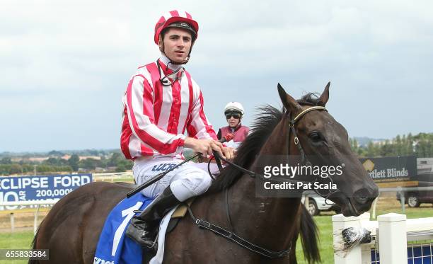 Thomas Sadler returns to the mounting yard on Carterista after winning Adroit F&M Maiden Plate,at Sportsbet-Ballarat Racecourse on March 21, 2017 in...