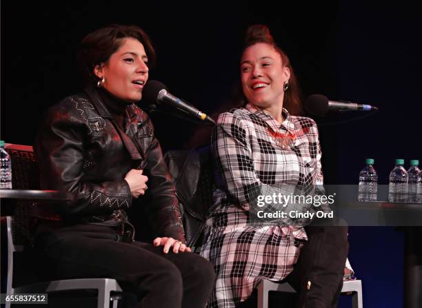 Singer/ songwriters Emily King and Kendra Foster speak during the GRAMMY Pro Songwriters Summit: Women Making Music at The Apollo Theater on March...