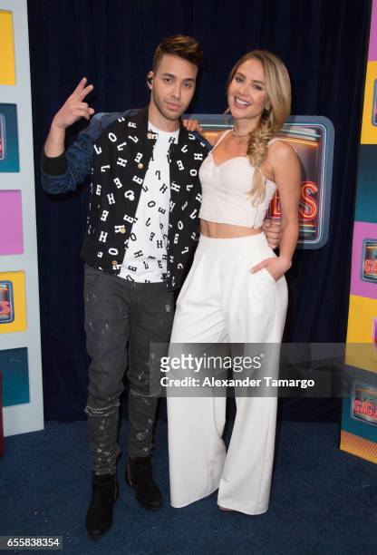 Prince Royce and Ximena Cordoba are seen on the set of "Pequenos Gigantes USA" at Univision Studios on March 20, 2017 in Miami, Florida.