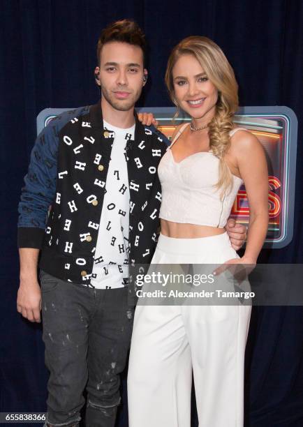 Prince Royce and Ximena Cordoba are seen on the set of "Pequenos Gigantes USA" at Univision Studios on March 20, 2017 in Miami, Florida.