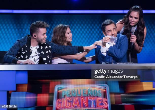 Prince Royce, Bianca Marroquin, Eugenio Derbez and Giselle Blondet are seen on the set of "Pequenos Gigantes USA" at Univision Studios on March 20,...