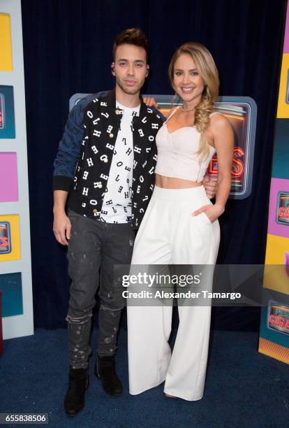 Prince Royce and Ximena Cordoba are seen on the set of "Pequenos Gigantes USA" at Univision Studios on March 20, 2017 in Miami, Florida.