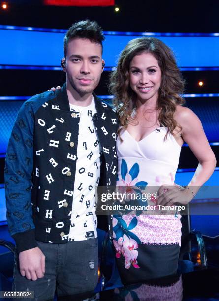 Prince Royce and Bianca Marroquin are seen on the set of "Pequenos Gigantes USA" at Univision Studios on March 20, 2017 in Miami, Florida.