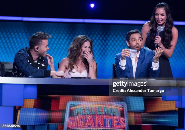 Prince Royce, Bianca Marroquin, Eugenio Derbez and Giselle Blondet are seen on the set of "Pequenos Gigantes USA" at Univision Studios on March 20,...