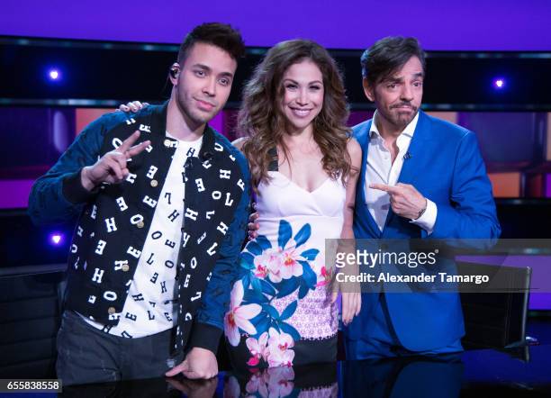 Prince Royce, Bianca Marroquin and Eugenio Derbez are seen on the set of "Pequenos Gigantes USA" at Univision Studios on March 20, 2017 in Miami,...