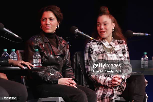 Singer/ songwriters Emily King and Kendra Foster speak during the GRAMMY Pro Songwriters Summit: Women Making Music at The Apollo Theater on March...