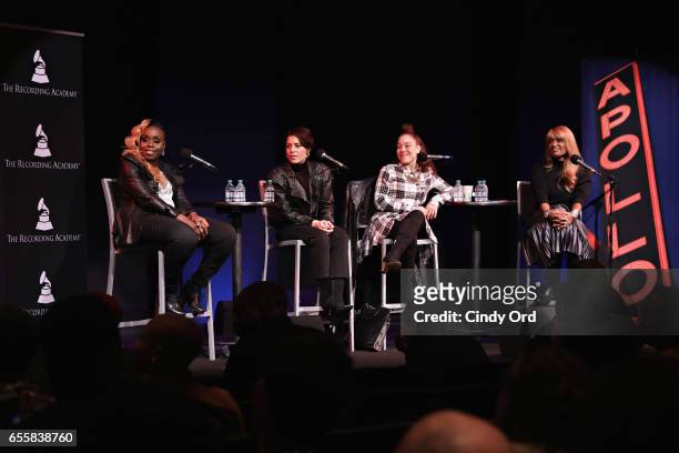 Andrea Martin, Emily King, Kendra Foster and Tracey J. Jordan speak during the GRAMMY Pro Songwriters Summit: Women Making Music at The Apollo...